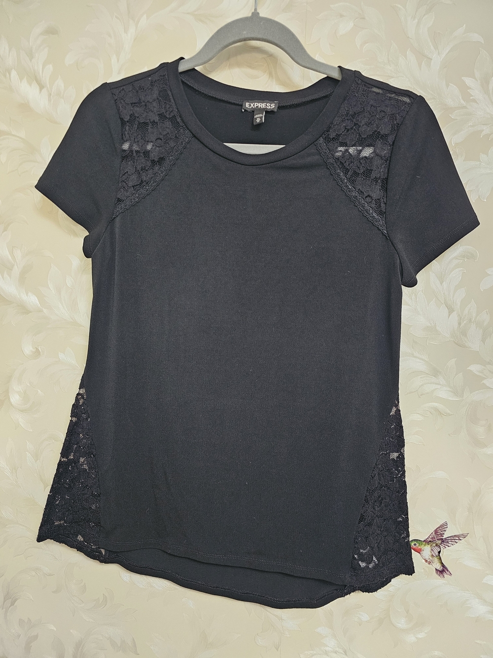 Express Black Lace-Trim Short Sleeve Top. Slight High-low